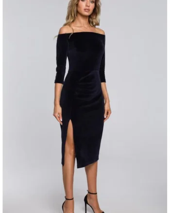 Rochie midi din catifea cu decolteu barcuta si deschidere laterala,, Albastru