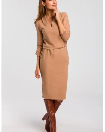 Rochie tricotata cu decolteu,, Bej