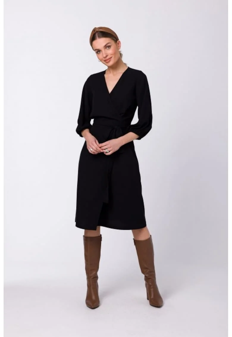 Rochie cu croiala petrecuta si cordon in talie,, Negru