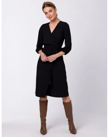 Rochie cu croiala petrecuta si cordon in talie,, Negru