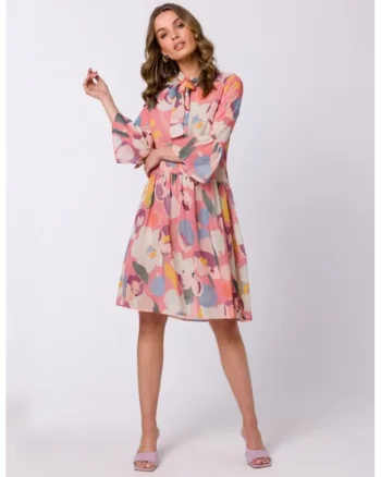Rochie midi din sifon cu imprimeu floral si funda la gat,