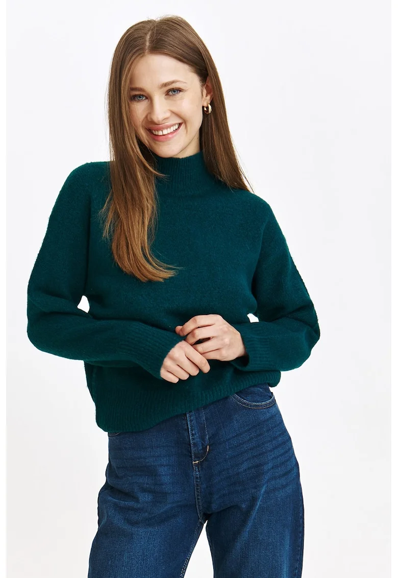 Pulover cu terminatii striate, Verde aquamarin
