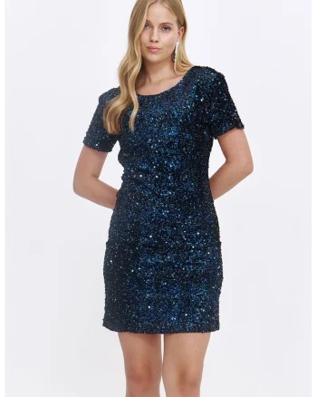 Rochie scurta cambrata cu paiete, Albastru inchis