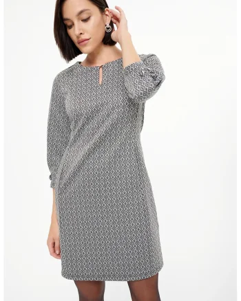 Rochie mini cu model geometric, Gri deschis/Alb optic
