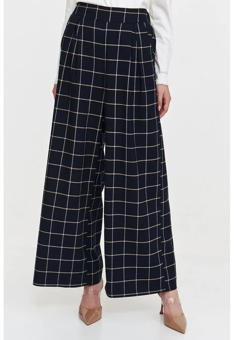 Pantaloni cu croiala ampla su model in carouri, Alb murdar/Bleumarin