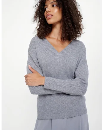 Pulover regular fit cu decolteu in V, Gri deschis melange