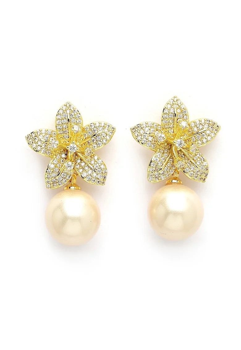 Cercei drop cu design floral si zirconia cubica Elegant, Auriu/Crem