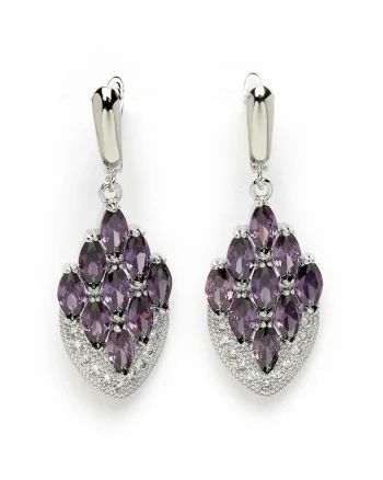 Cercei drop in forma de pana de paun, Violet/Argintiu