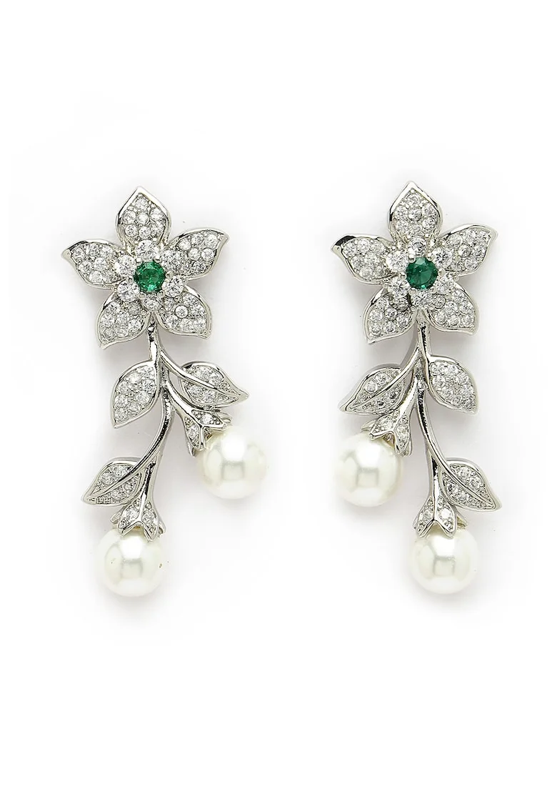 Cercei drop cu design floral si zirconia cubica, Alb/Verde/Argintiu