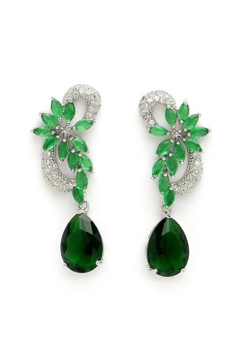 Cercei drop cu cristale, Verde/Argintiu/Transparent