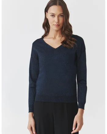 Pulover cu decolteu in V si model stralucitor, Bleumarin