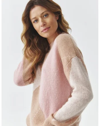 Pulover din amestec de lana cu model grafic, Maro deschis/Roz pal