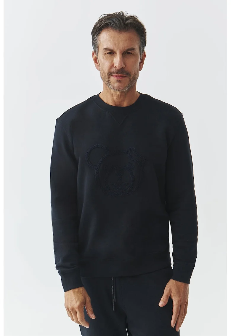 Bluza de trening cu decolteu la baza gatului si model cu broderie, Albastru ultramarin