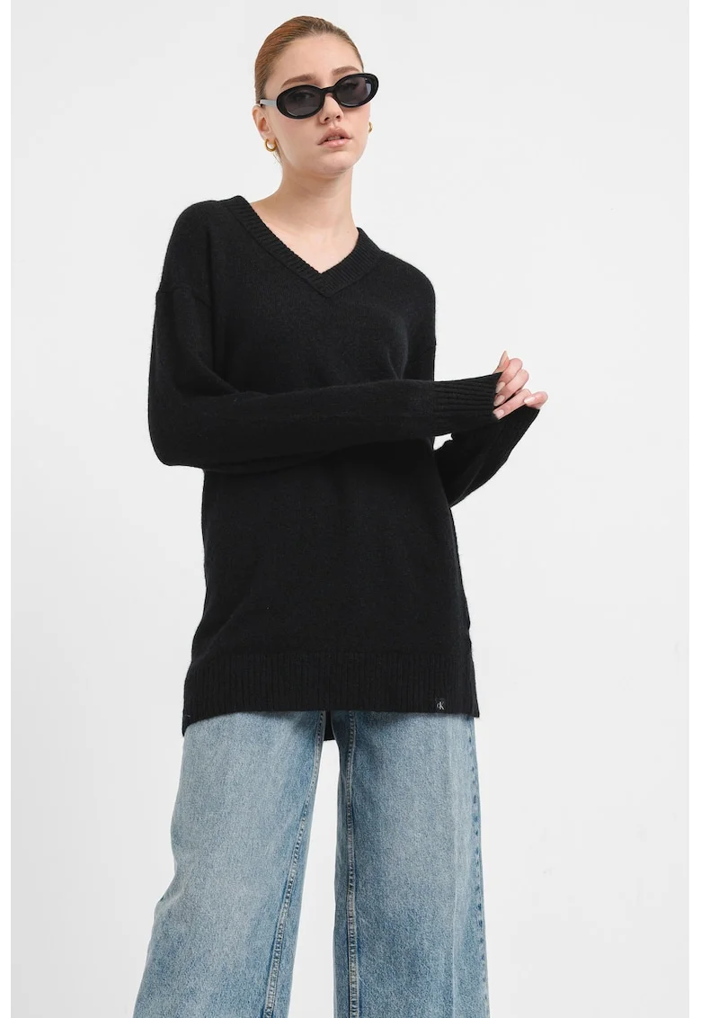 Bluza din bumbac organic cu decolteu in V, Negru