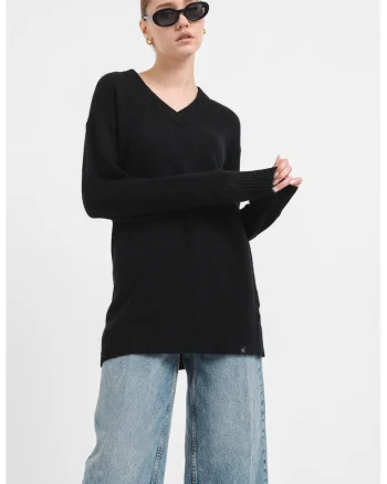 Bluza din bumbac organic cu decolteu in V, Negru