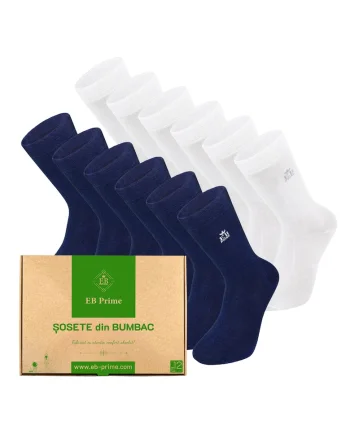 Set 12 perechi, Sosete clasice din bumbac pieptanat, Cutiuta "Rezerva Lunara"  fara cusatura, respirabile si confortabile, Alb/Albastru