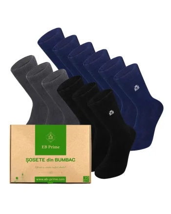 Set 12 perechi, Sosete clasice din bumbac pieptanat, Cutiuta "Rezerva Lunara"  fara cusatura, respirabile si confortabile, Negru/Gri/Albastru