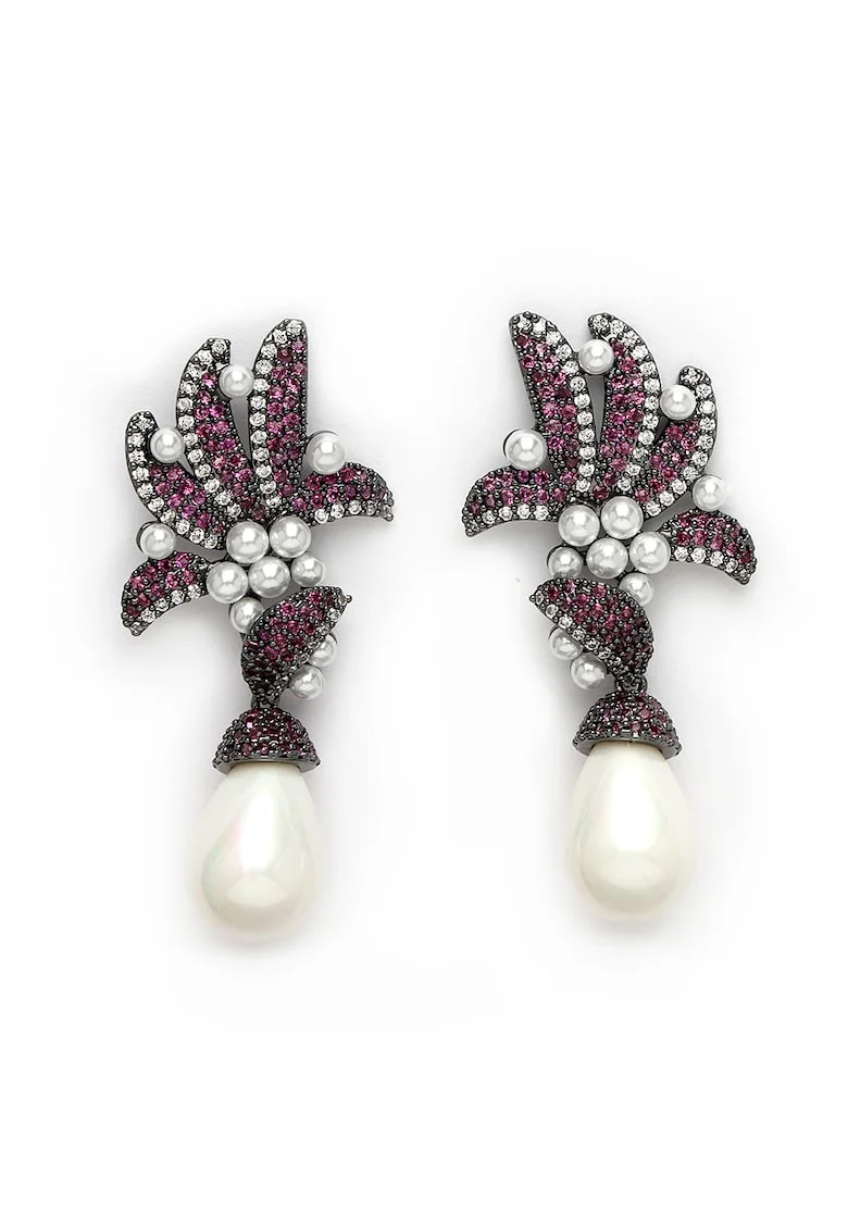 Cercei drop cu zirconia, Alb/Violet/Argintiu inchis