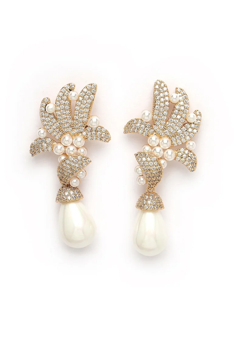 Cercei drop cu zirconia, Alb/Auriu