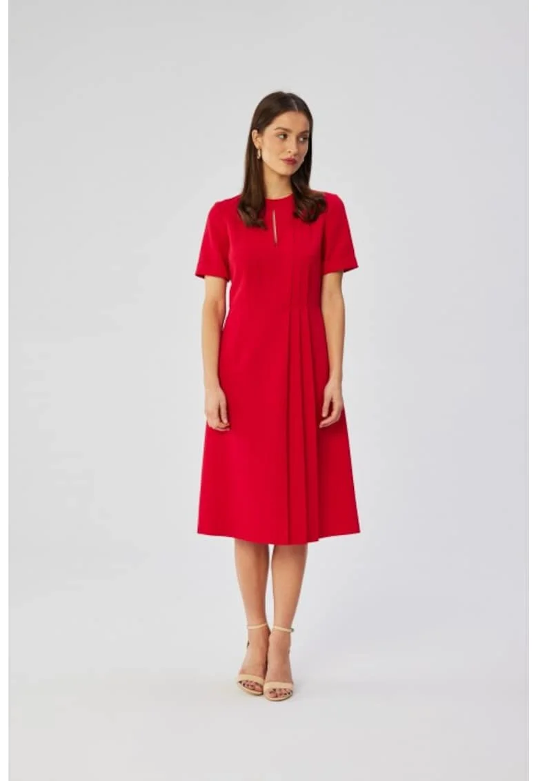 Rochie in A cu detalii plisate,, Rosu