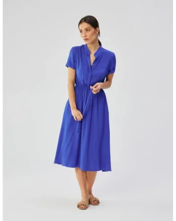 Rochie midi din vascoza cu cordon in talie,, Albastru