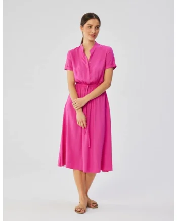 Rochie midi din vascoza cu cordon in talie,, Roz