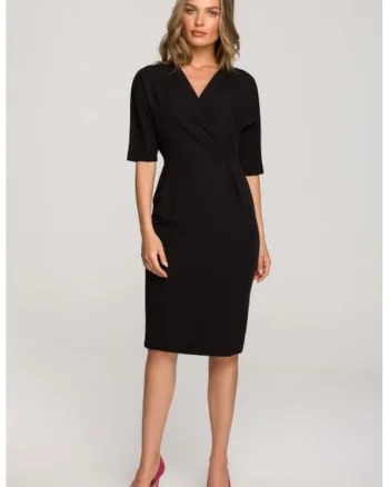 Rochie midi cu decolteu cache-coeur si maneci scurte,, Negru