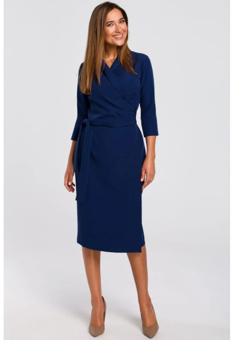 Rochie cu decolteu cache-coeur si curea in talie,, Albastru