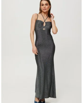 Rochie maxi metalica cu cravata la decolteu,, Argintiu