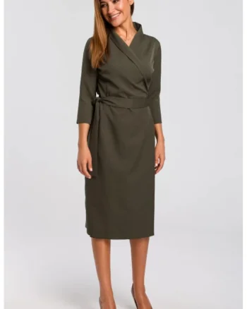 Rochie cu decolteu cache-coeur si curea in talie,, Kaki