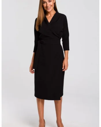 Rochie cu decolteu cache-coeur si curea in talie,, Negru