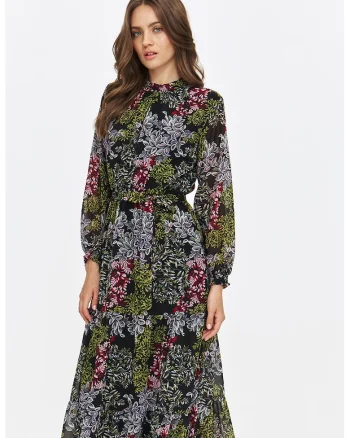 Rochie maxi cu model, Negru/Roz pastel/Verde feriga