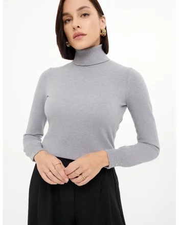 Pulover slim fit cu guler inalt, Gri deschis