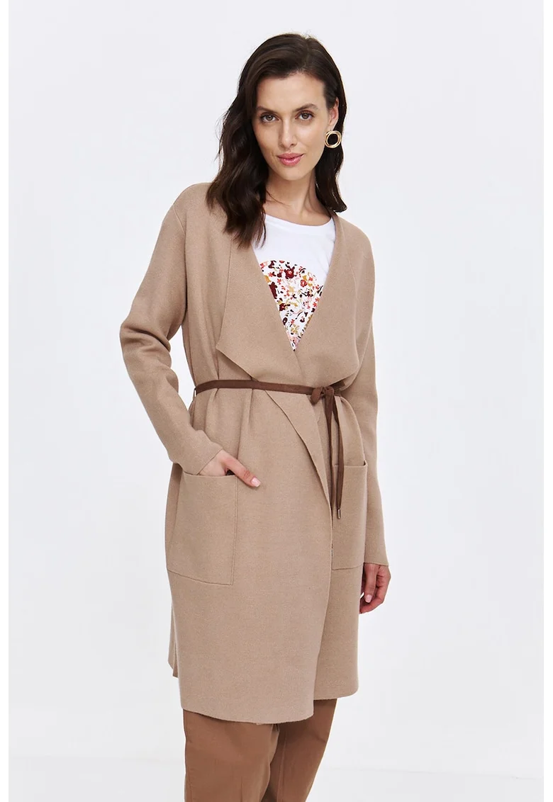 Cardigan fara inchidere cu buzunare, Bej