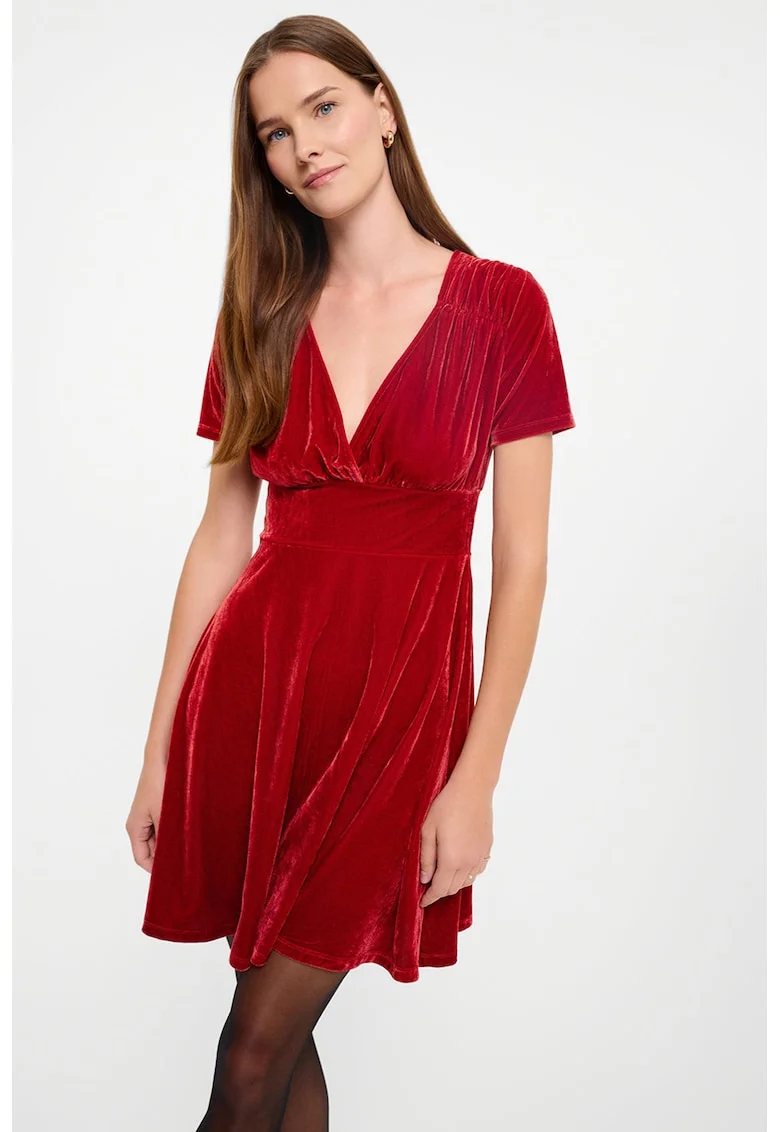 Rochie mini evazata cu aspect de catifea, Rosu