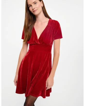 Rochie mini evazata cu aspect de catifea, Rosu