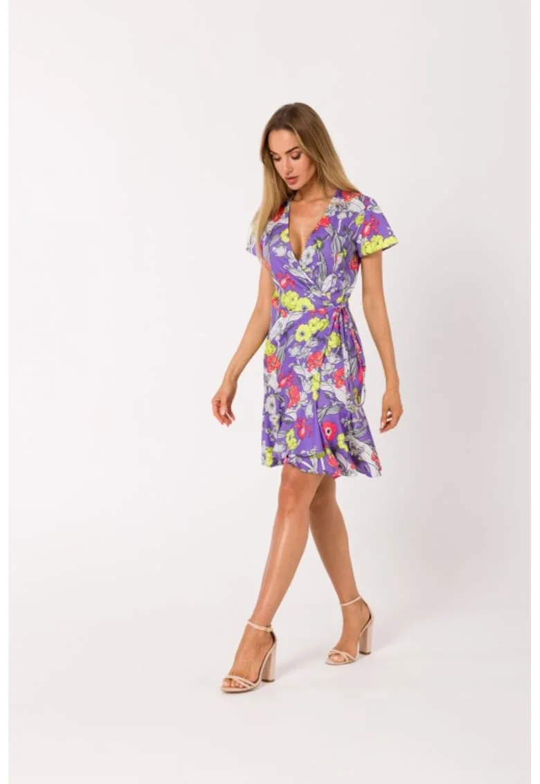 Rochie scurta cu suprapunere florala,, Alb/Galben/Violet