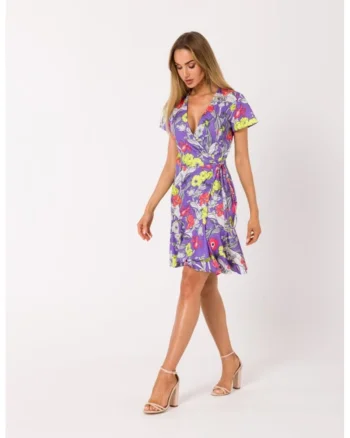 Rochie scurta cu suprapunere florala,, Alb/Galben/Violet