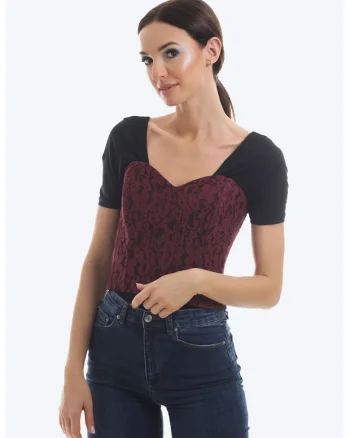 Corset din dantela cu detaliu cu siret, Visiniu