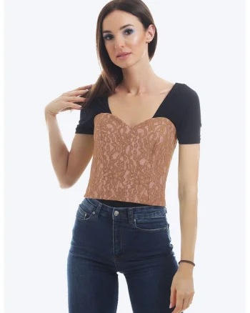 Corset din dantela cu detaliu cu siret, Roz prafuit
