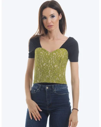 Corset din dantela cu detaliu cu siret, Verde