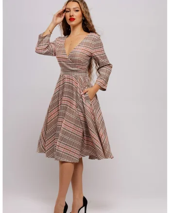 Rochie midi cu croiala in A si buzunare, Maro/Bej/Roz