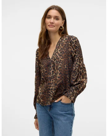 Bluza cu animal print si decolteu in V, Negru/Caramel