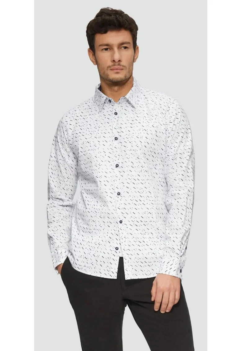 Camasa barbati cu maneca lunga, imprimeu cu picatele si croiala Slim fit,, Alb