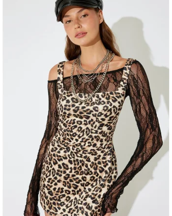 Rochie mini fara maneci cu animal print, Negru/Bej