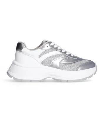 Pantofi sport din piele cu model, Alb/Argintiu