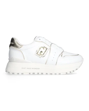Pantofi sport din piele si piele ecologica cu talpa flatform, Alb/Auriu