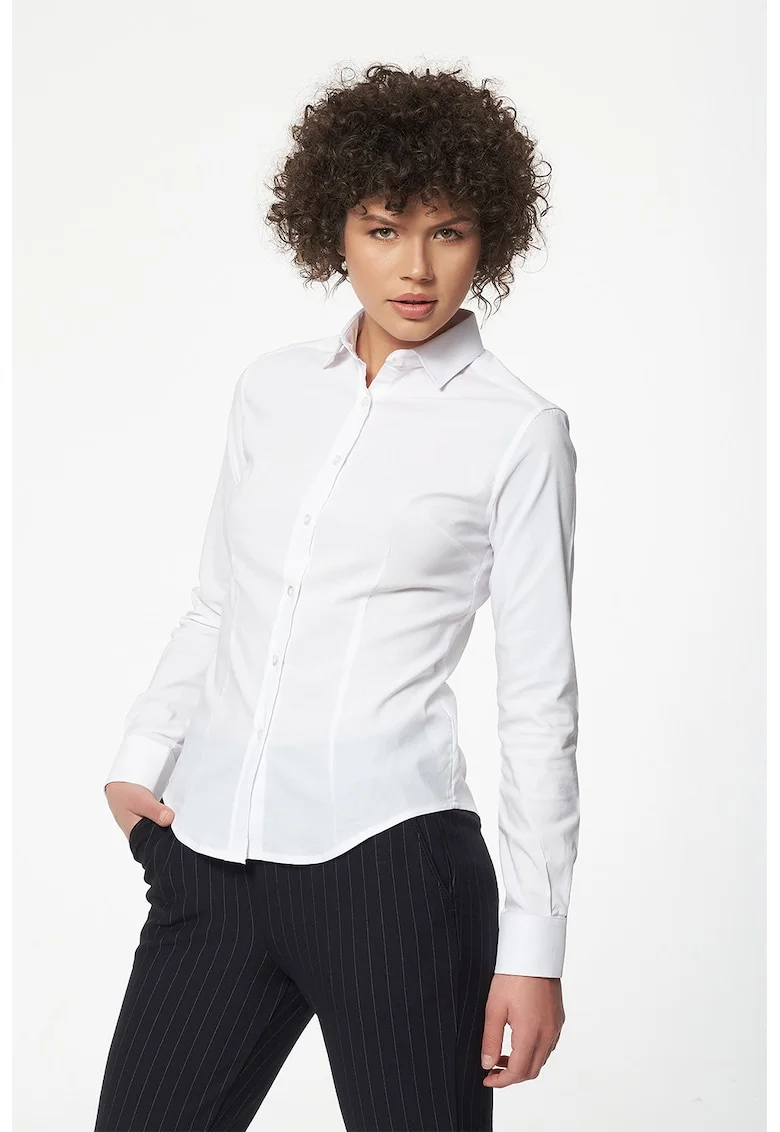 Camasa slim-fit de bumbac cu maneci lungi, Alb optic
