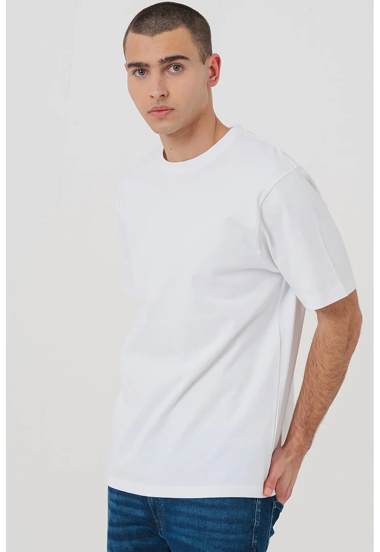 Tricou cu decolteu la baza gatului si imprimeu text, Alb/Albastru