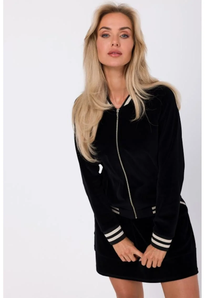 Bluza din catifea cu mansete decorative,  Negru